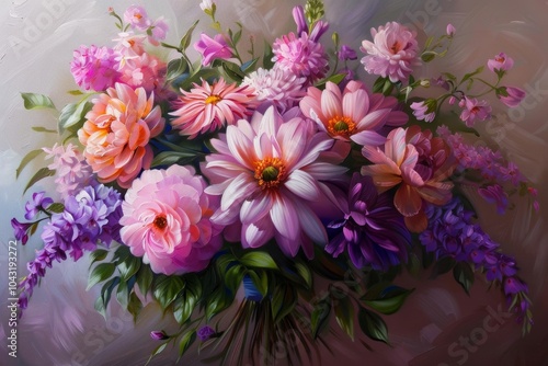 Vibrant floral painting showcasing a harmonious blend of colors and intricate details, celebrating nature's beauty.