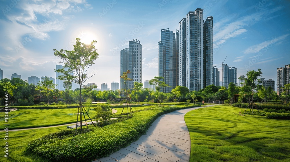 Obraz premium Urban Park with Skyscrapers under Bright Blue Sky