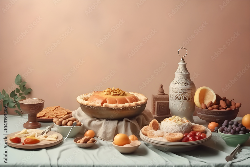 Traditional Middle Eastern dessert table with assorted sweets and fruit, background Traditional Middle Eastern dessert table with assorted sweets and fruit, background