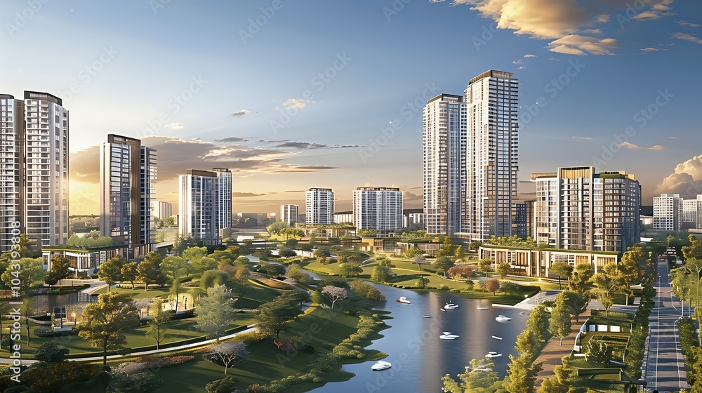 Fototapeta premium Modern Urban Landscape with Water and Green Space