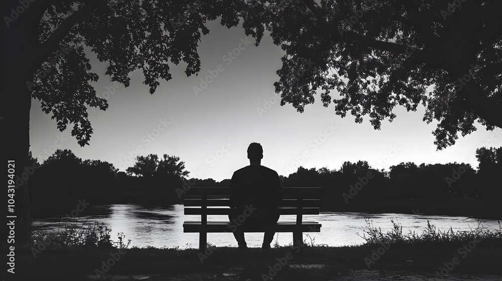 Black and white photo of silhouette sitting on park bench, trees in background, trees around bench, lake behind bench Black and white photo of silhouette sitting on park bench, trees in background, trees around bench, lake behind bench
