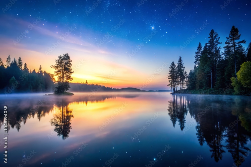 Fototapeta premium Serene Night Photography of a Tranquil Lake at Dawn with Mist and Starry Sky, Capturing Reflections of Nature, Peaceful Waters, and Early Morning Light