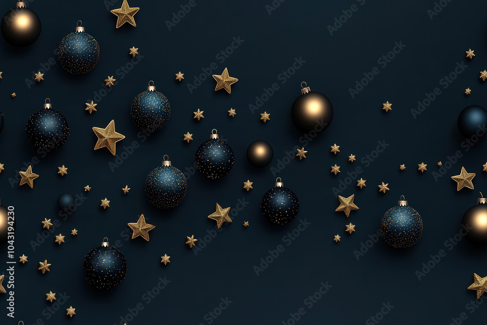 Fototapeta premium Elegant pattern of gold and black Christmas ornaments, including stars and baubles, creating festive atmosphere. Perfect for holiday decorations and seasonal themes