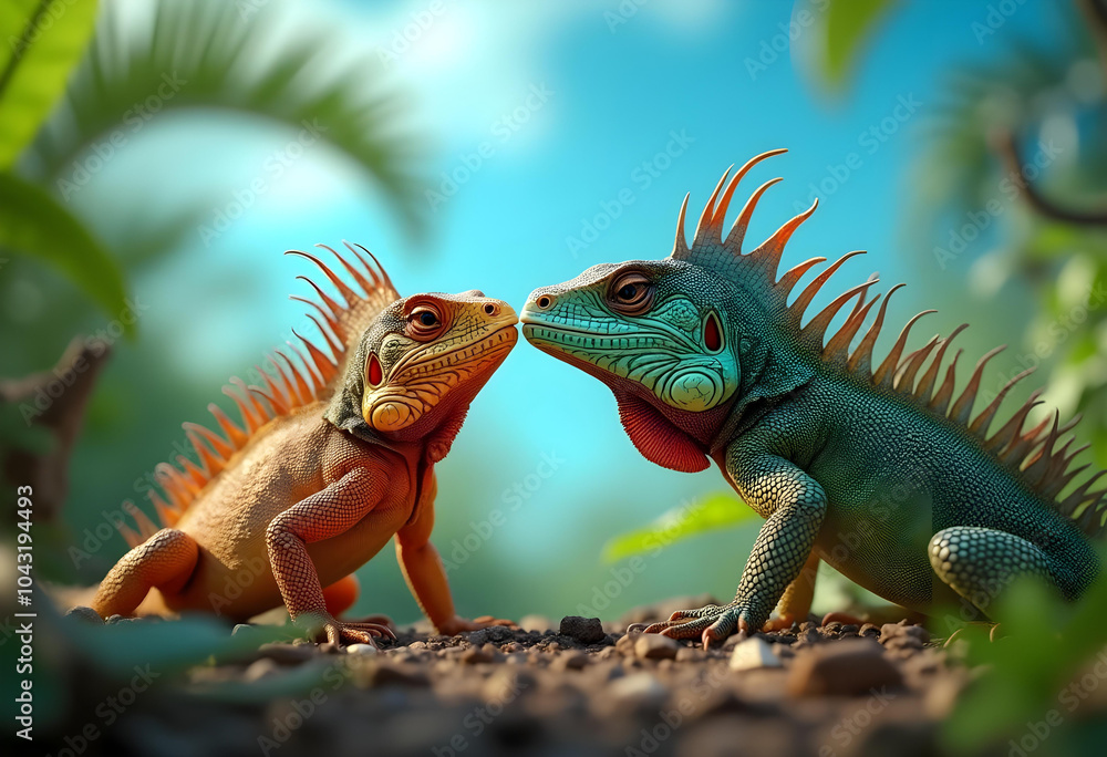 Obraz premium Lively iguanas with vibrant colors face each other in tropical setting