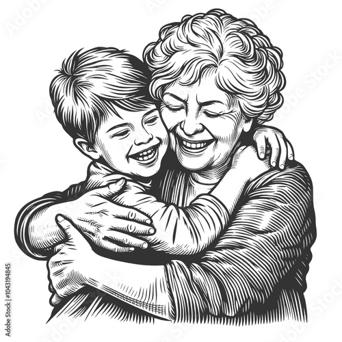 Grandmother sharing a loving hug with her smiling grandchild, generational love and family bonds sketch engraving generative ai vector illustration. Scratch board imitation. Black and white image.