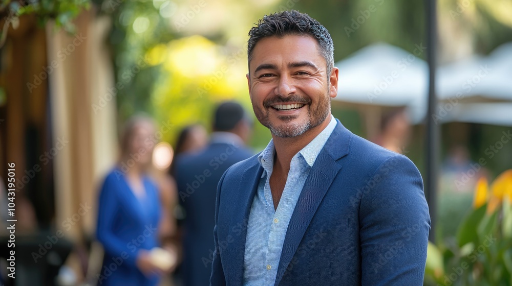 Obraz premium Smiling businessman in suit, outside. Perfect for business, finance, and success concepts.