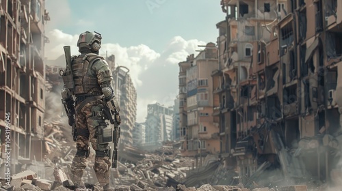 Portrait of a soldier with a robot arm standing in a destroyed city, AI generated image