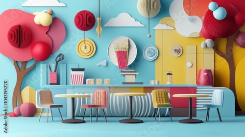 Wallpaper Mural A colorful cafe interior with playful decor and seating for a vibrant atmosphere. Torontodigital.ca