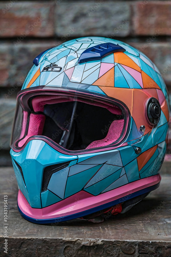 Fototapeta premium A modern helmet showcases a chic geometric design in Pacific Cyan, Oxford Blue, Mimi Pink, Pear, and Orange. Set against a blurred dark background, it exudes style and sophistication.