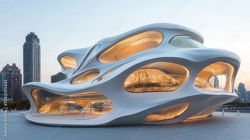 Fototapeta premium Modern Architecture Futuristic Design White Building Glass Windows Urban Cityscape