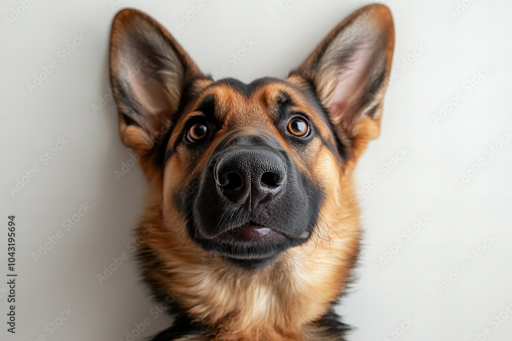 German Shepherd Dog Relaxing on White Background with Ample Copy Space for Text, Showcasing its Friendly and Loyal Expression German Shepherd Dog Relaxing on White Background with Ample Copy Space for Text, Showcasing its Friendly and Loyal Expression