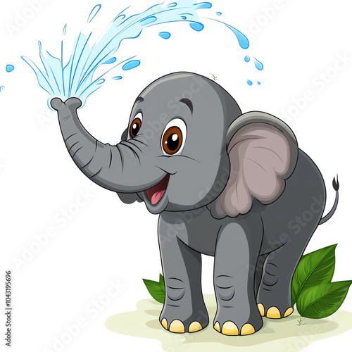 A cheerful cartoon elephant playfully spraying water, surrounded by green leaves, perfect for children's themes and illustrations. photo