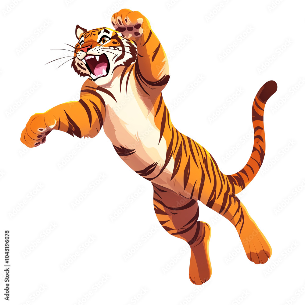 A vibrant and playful cartoon tiger leaps joyfully, showcasing its strength and agility in a dynamic pose. A vibrant and playful cartoon tiger leaps joyfully, showcasing its strength and agility in a dynamic pose.
