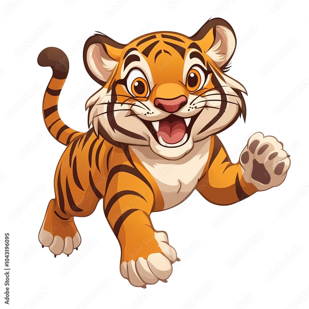 A cheerful cartoon tiger character, playfully running with a big smile, perfect for children's illustrations and playful themes. A cheerful cartoon tiger character, playfully running with a big smile, perfect for children's illustrations and playful themes.