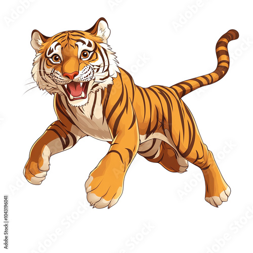 A playful cartoon tiger leaping joyfully, showcasing vibrant colors and a lively spirit, perfect for children's themes. photo