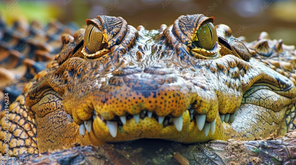 Fototapeta premium A massive crocodile glides silently across the water's surface, its eyes just above the waterline, poised and watchful. Its powerful body cuts through the calm water with quiet precision.
