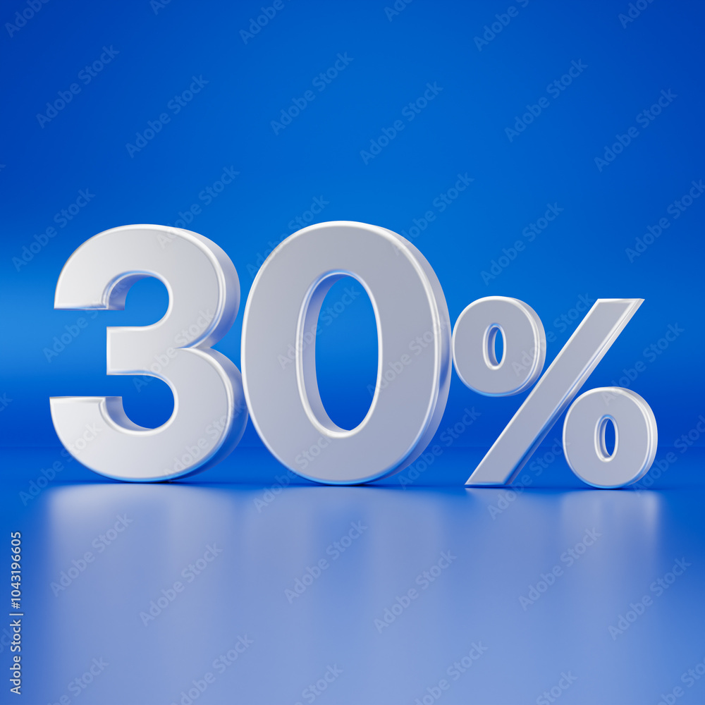 White thirty percent or 30 % isolated on blue background. 3D render White thirty percent or 30 % isolated on blue background. 3D render