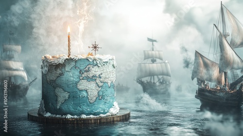 A whimsical cake shaped like a globe, surrounded by ships in a misty ocean. photo