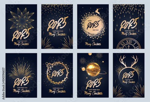 Set of Christmas banners. 2025 new year. Glowing particles, fireworks and lights. Templates for banners, flyers, posters, cards. Vector illustration.
