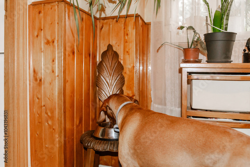 Dog curiously exploring a rustic wooden home interior photo