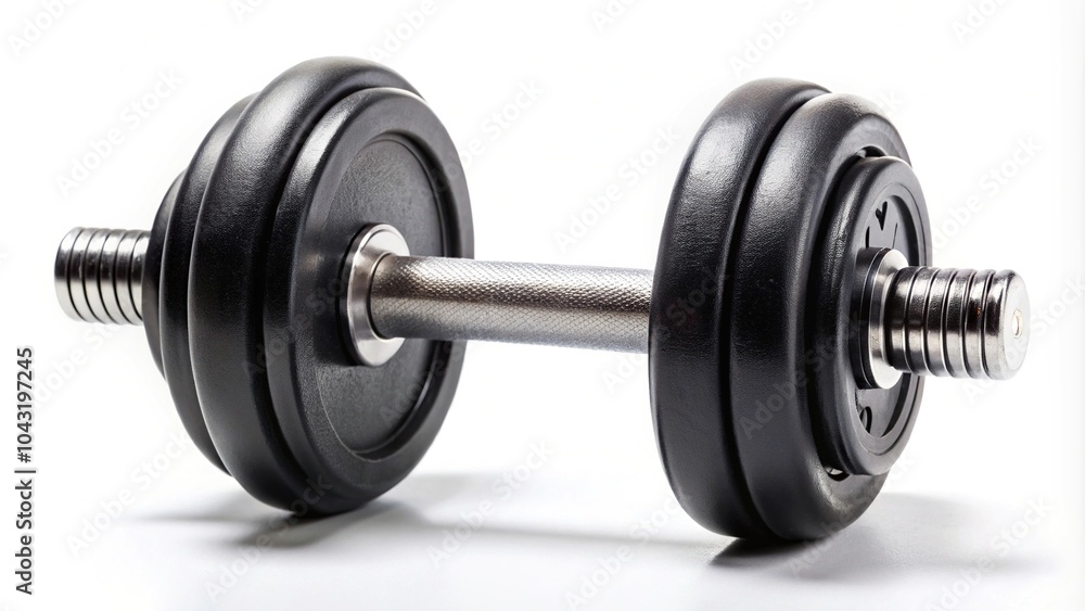 High angle closeup of black dumbbell on white background High angle closeup of black dumbbell on white background