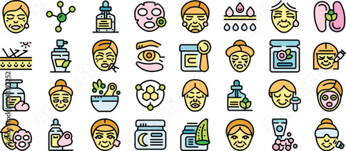 This icon set illustrates the concept of anti aging skincare for mature women, showcasing various products and treatments