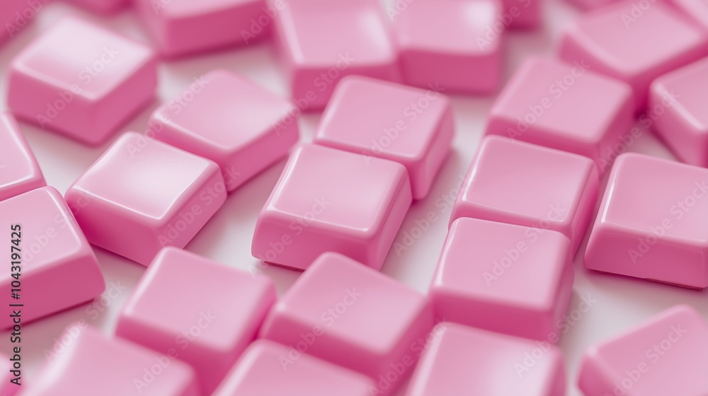 Pink keyboard keys lying on a white background. They have a glossy surface and look soft to the touch. The image is in a minimalist style. Pink keyboard keys lying on a white background. They have a glossy surface and look soft to the touch. The image is in a minimalist style.