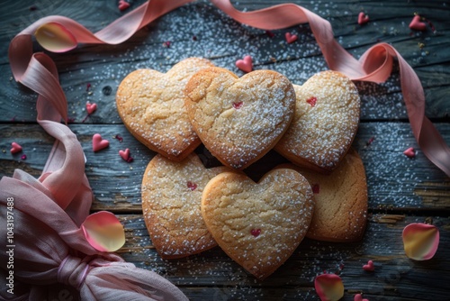 Several heart shaped cookies are arranged on a wooden table, food background