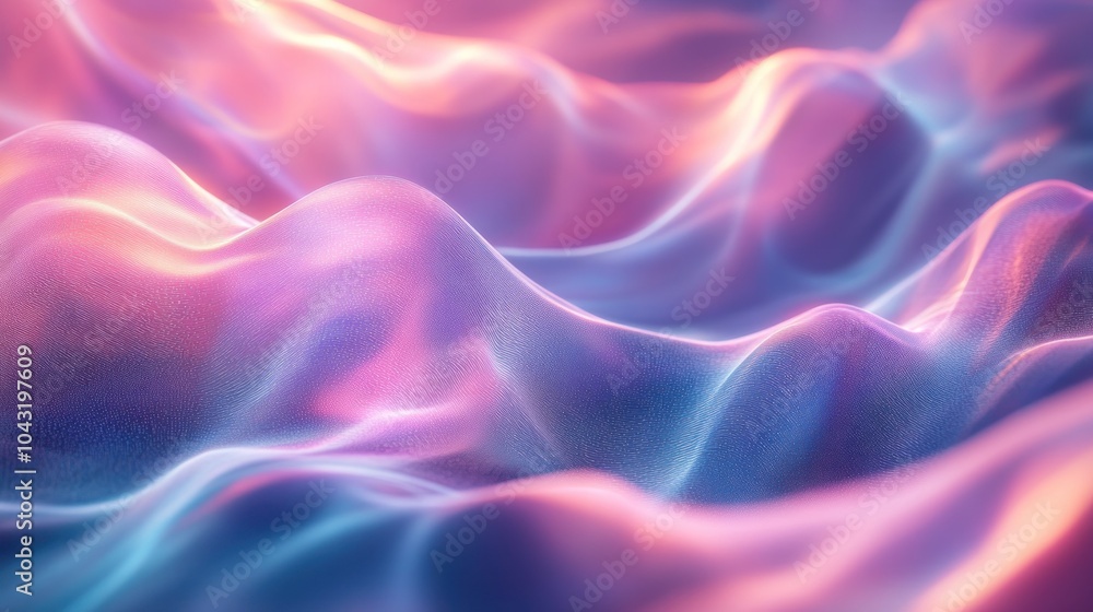 Fototapeta premium Abstract holographic waves of light in soft pastel hues of pink, cyan, and lavender, creating a futuristic glow