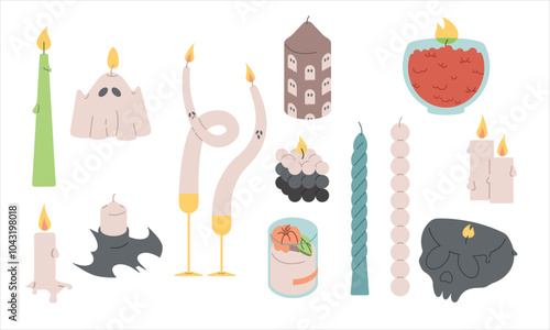Various Candles. Different shapes and sizes. Pillar, jar candle. Vector set