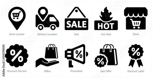 A set of 10 ecommerce icons as store locator, delivery location, sale