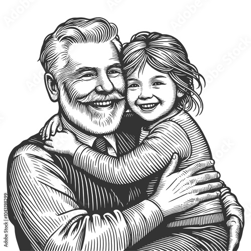 joyful grandfather embracing his smiling granddaughter, family love and generational bonds sketch engraving generative ai vector illustration. Scratch board imitation. Black and white image