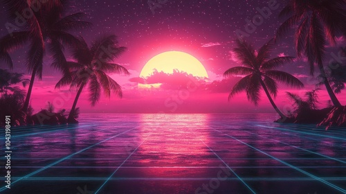 Neon pink and blue gridlines stretching into a dark horizon with a glowing sunset and pixelated palm trees, evoking a retro 80s feel
