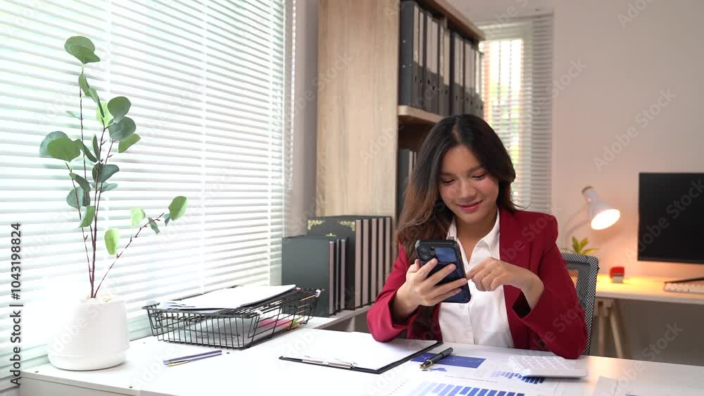 Businesswoman wearing a red blazer is sitting at her desk and browsing on her smartphone. She is smiling and seems to be enjoying what she is watching Businesswoman wearing a red blazer is sitting at her desk and browsing on her smartphone. She is smiling and seems to be enjoying what she is watching