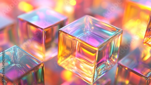 Transparent 3D cubes stacked in an abstract pattern with subtle reflections and refractions