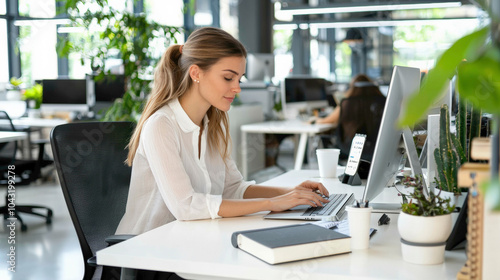 A focused woman works on her laptop in a modern office, surrounded by plants and natural light, showcasing a vibrant, productive workspace.