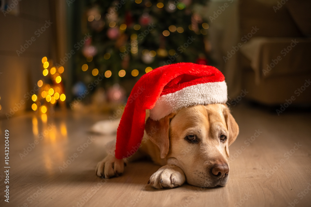 cute funny Labrador dog in a Santa Claus hat, gnome on the background of a Christmas tree. christmas lights, christmas greeting card cute funny Labrador dog in a Santa Claus hat, gnome on the background of a Christmas tree. christmas lights, christmas greeting card