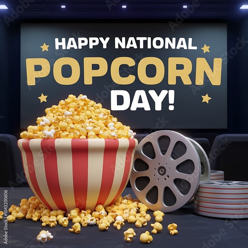 A bowl of popcorn, film reels, and a sign for National Popcorn Day photo