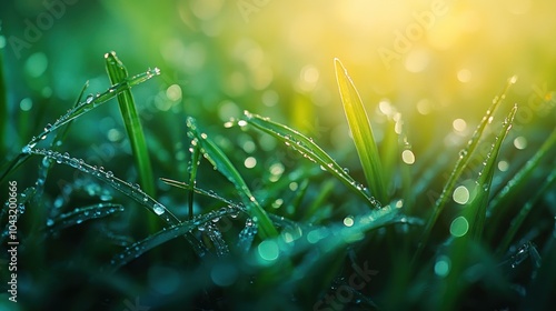 Close-up of dewdrops on fresh blades of grass in the early morning light