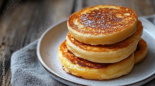 Three golden-fried pancakes or crumpets, stacked on a plate. They look fluffy and soft, with a delicious crispy crust.