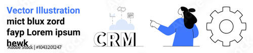 CRM system representation showing a cloud with data storage and processing, a businesswoman pointing, and a gear icon. Ideal for business management tools, cloud services, data analytics, customer