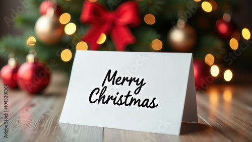 Festive Christmas card with "Merry Christmas" text, surrounded by blurred holiday decorations and warm lights.