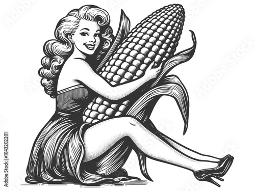 pin-up girl in a dress playfully hugging a giant ear of corn, humor with vintage art sketch engraving generative ai character vector illustration. Scratch board imitation. Black and white image.