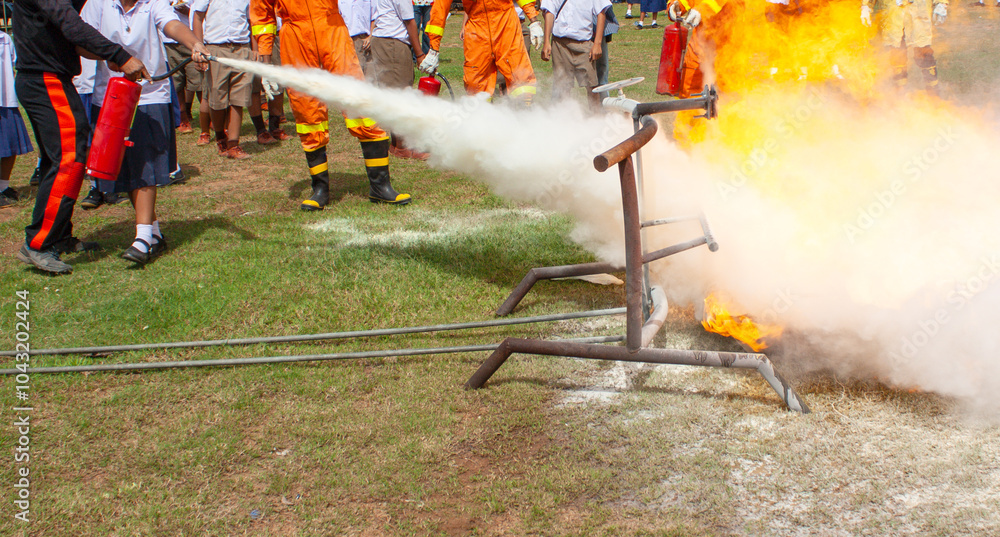 Fototapeta premium Firefighters demonstrating how to extinguish a fire