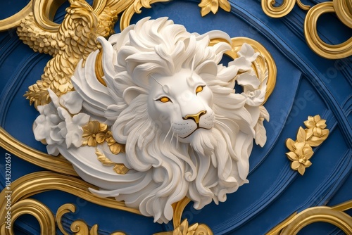 A white lion sculpture with golden details, a symbol of strength and royalty, set against a blue background. photo