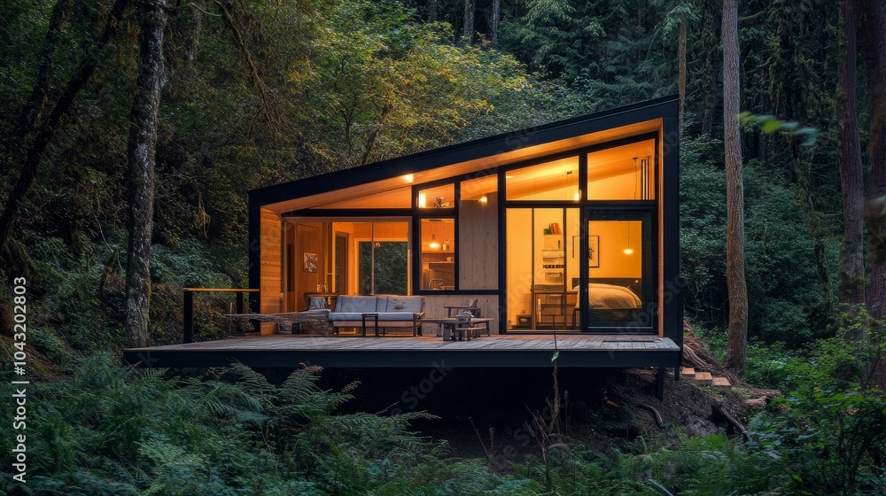 Fototapeta premium A cozy prefab home surrounded by nature, lit from within under the dim light of dusk