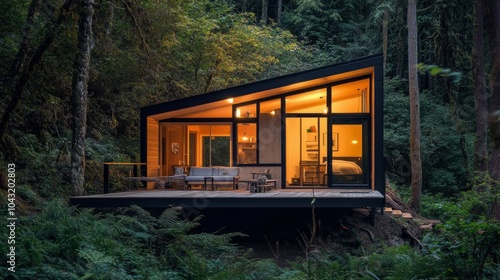 A cozy prefab home surrounded by nature, lit from within under the dim light of dusk