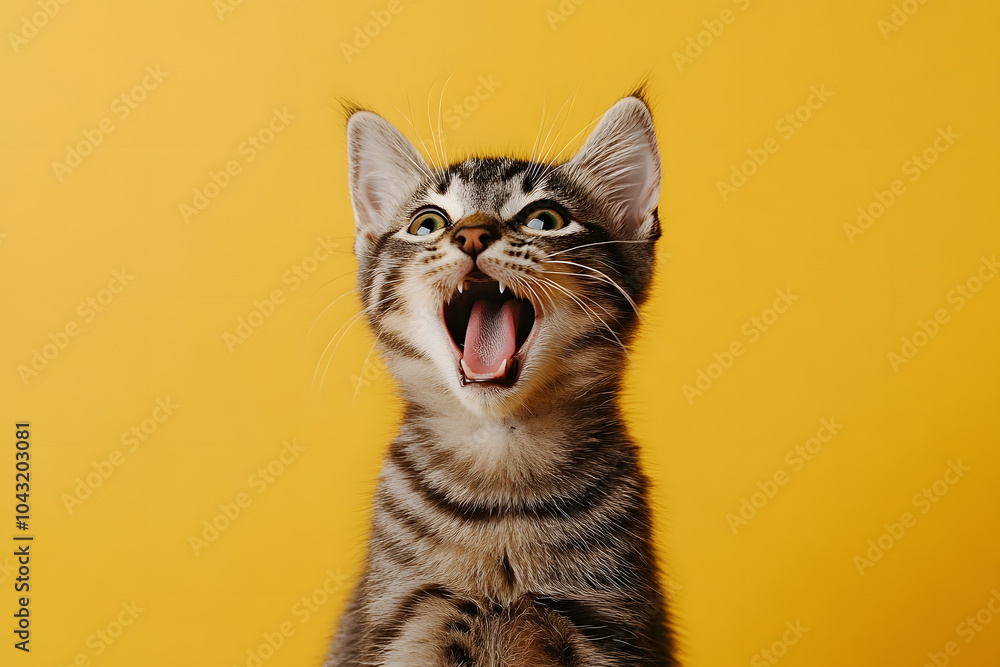 Cute Gray Tabby Cat Meowing Against Yellow Background Cute Gray Tabby Cat Meowing Against Yellow Background