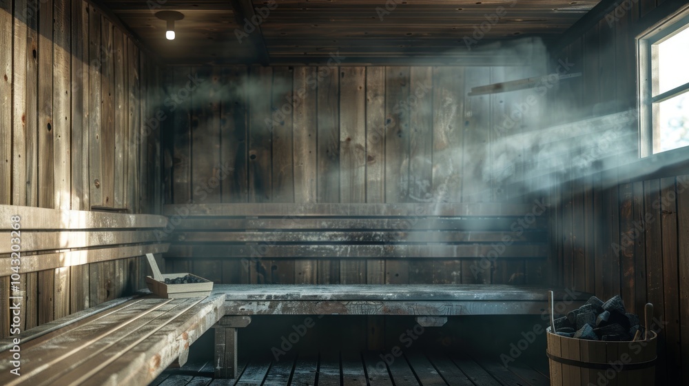 custom made wallpaper toronto digitalModern wooden Sauna interior with warm lighting, AI generated image