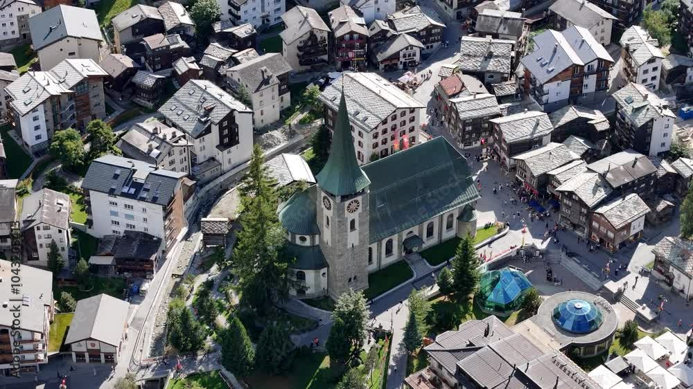 Aerial view of Parish Church of St. Mauritiuss in Zermatt, Switzerland